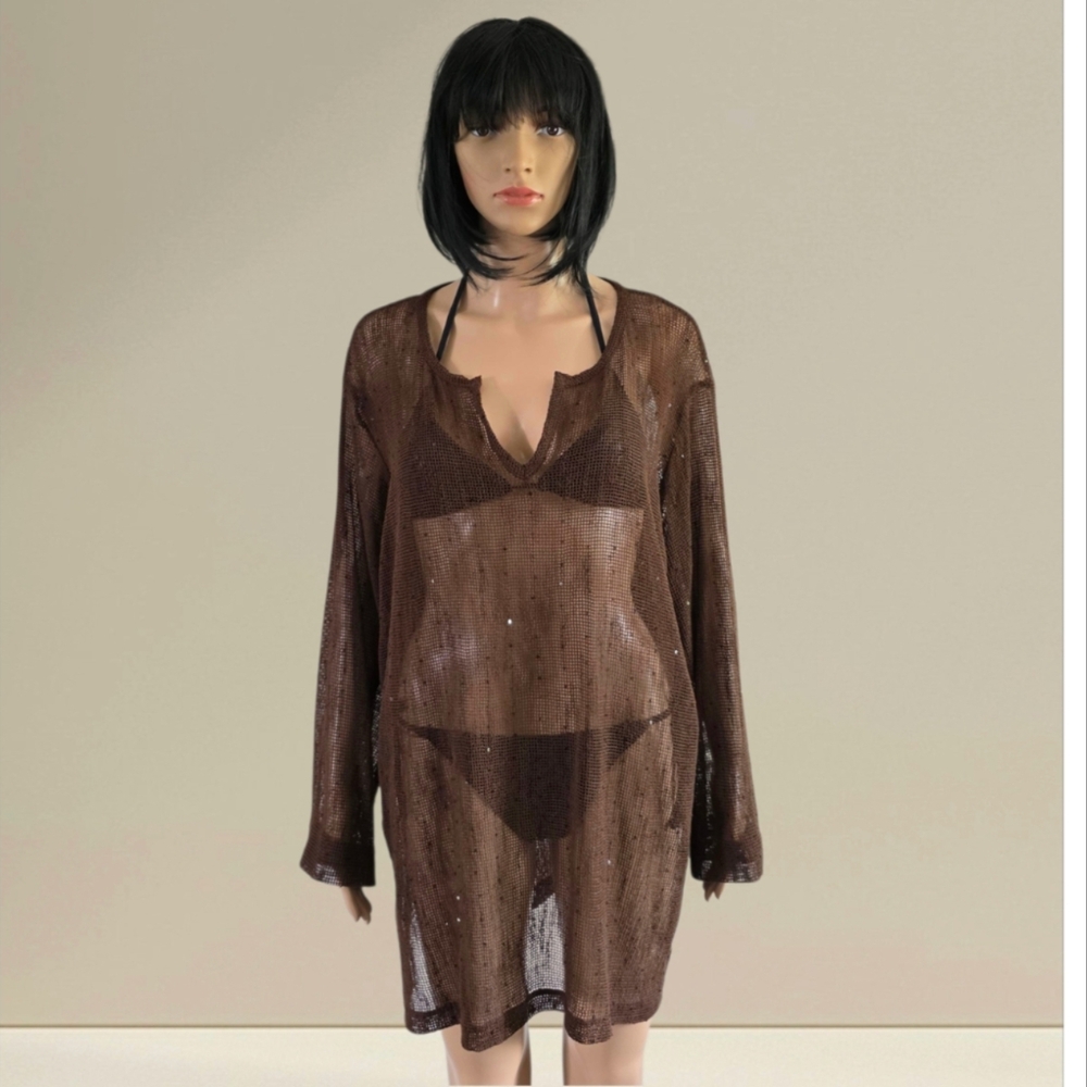Athletic Works Plus Size Brown Crochet Beach Coverups, One Size